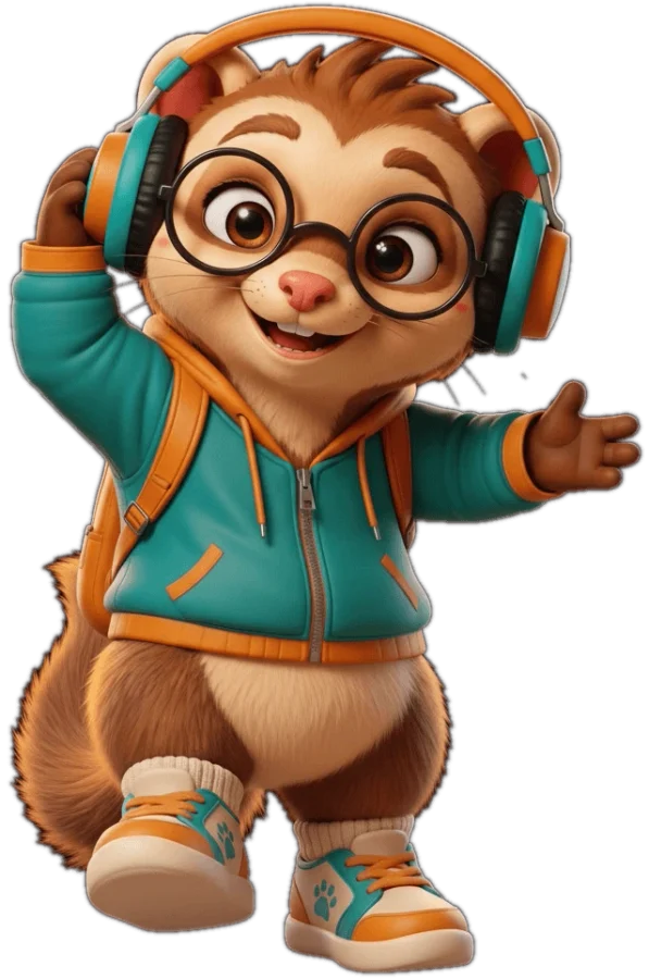 Frettko, a ferret in round glasses and a green hoodie, waving hello
